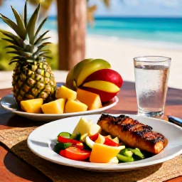 Caribbean Holidays, Cuba Wellness February, A healthy Cuban meal on a shaded terrace with fresh tropical fruit, grilled fish, vegetables and a glass of water