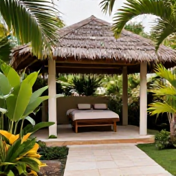 Caribbean Holidays, Cuba Wellness February, A peaceful Cuban wellness resort garden with a massage pavilion, tropical plants, natural textures and a calm atmosphere