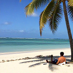 Caribbean Holidays, Cuba Wellness February, A tranquil Cuban beach in February with calm turquoise water, soft white sand, palm trees and a traveller relaxing in the shade