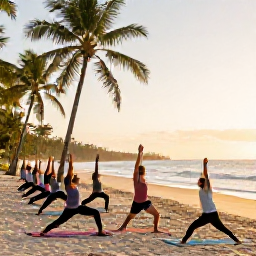 Caribbean Holidays, Cuba Wellness February, A visitor taking a gentle yoga class at sunrise beside a Cuban beach, with palm trees and warm golden light