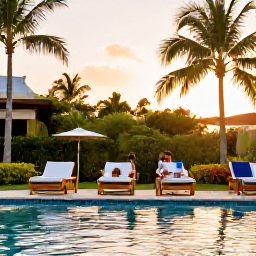 Caribbean Holidays, Cuba Wellness Holidays, Couple relaxing beside a Cuban swimming pool at sunset with tropical gardens and soft warm light