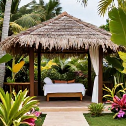 Caribbean Holidays, Cuba Wellness Holidays, Cuban wellness resort garden with a shaded treatment pavilion, tropical plants and a person relaxing