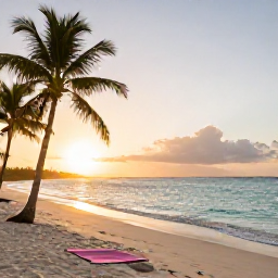 Caribbean Holidays, Cuba Wellness Holidays, Quiet Cuban beach at sunrise with a yoga mat, palm trees and calm turquoise water