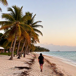 Caribbean Holidays, Cuba Wellness Holidays, Traveller walking slowly along a quiet sandy beach in Cuba with warm evening light and palm trees