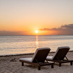 Caribbean Holidays, Cuba Wellness January, Cuban sunset over a calm beach with two comfortable loungers, warm evening light and a peaceful end to a wellness holiday