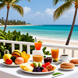 Caribbean Holidays, Cuba Wellness January, Healthy Cuban breakfast on a shaded terrace overlooking the Caribbean, fresh tropical fruit, vegetables, bread and coffee