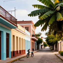 Caribbean Holidays, Cuba Wellness January, Peaceful Cuban town street in January with pastel colonial buildings, bicycles, leafy trees and warm afternoon light