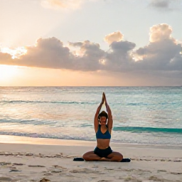 Caribbean Holidays, Cuba Wellness January, Quiet Cuban beach at sunrise in January, calm turquoise water, white sand and a peaceful traveller practising gentle yoga