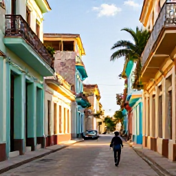 Caribbean Holidays, Cuba Wellness January, Traveller walking through a quiet colonial Cuban street in Havana with colourful buildings, balconies, palm trees and warm January sunlight