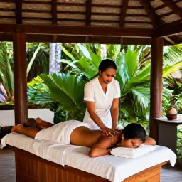 Caribbean Holidays, Cuba Wellness January, Wellness retreat in Cuba with an open-air treatment area, tropical plants, natural wood and a relaxed guest enjoying a massage