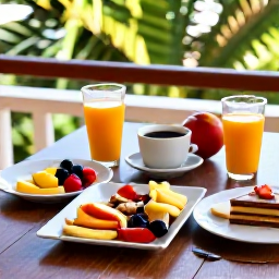 Caribbean Holidays, Cuba Wellness June, A healthy Cuban breakfast with tropical fruit, fresh juice and local ingredients served on a shaded terrace overlooking greenery