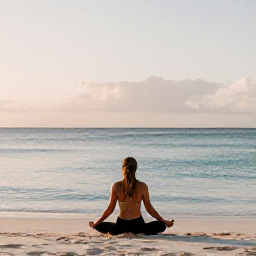 Caribbean Holidays, Cuba Wellness June, A peaceful Cuban beach at sunrise in June, with calm turquoise water, soft sand and a traveller practising gentle yoga