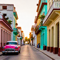 Caribbean Holidays, Cuba Wellness June, A peaceful Havana street at golden hour with colourful classic cars, colonial buildings and a traveller enjoying a relaxed cultural stroll