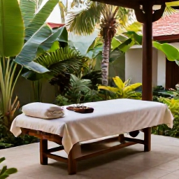 Caribbean Holidays, Cuba Wellness June, A tranquil Cuban wellness retreat beside lush tropical gardens, showing a massage treatment area, natural materials and soft afternoon light
