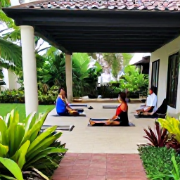 Caribbean Holidays, Cuba Wellness March, Cuban wellness resort garden with a shaded yoga terrace, tropical plants and guests enjoying a peaceful morning