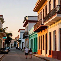 Caribbean Holidays, Cuba Wellness March, Peaceful Cuban seaside town at golden hour, colourful buildings, quiet streets and a couple taking a gentle walk