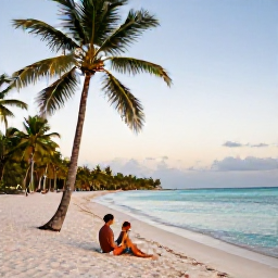Caribbean Holidays, Cuba Wellness May, Couple relaxing on a quiet Cuban beach in May, palm trees, calm turquoise water and soft evening light