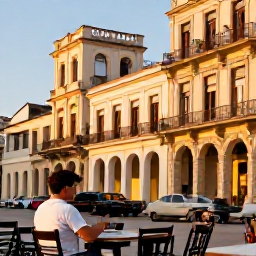 Caribbean Holidays, Cuba Wellness May, Relaxed evening in Havana, traveller enjoying a quiet caf&eacute; terrace with historic buildings and warm golden light
