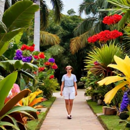 Caribbean Holidays, Cuba Wellness May, Traveller walking through a lush Cuban botanical garden in May, colourful flowers, palms and peaceful paths