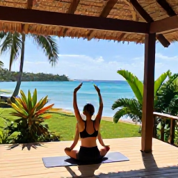 Caribbean Holidays, Cuba Wellness May, Wellness retreat in Cuba with yoga on a shaded terrace, tropical plants and calm Caribbean surroundings