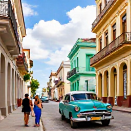 Caribbean Holidays, Cuba Wellness November, Colourful Havana street with classic American cars, colonial buildings and visitors taking a relaxed cultural walk in November