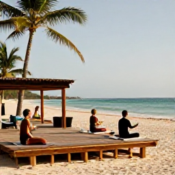 Caribbean Holidays, Cuba Wellness November, Cuban wellness resort beside a sandy Caribbean beach, with an outdoor yoga deck, palms and visitors relaxing in warm November sunshine