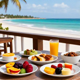 Caribbean Holidays, Cuba Wellness November, Healthy Cuban breakfast with tropical fruit, fresh juice and local dishes on a shaded terrace overlooking the sea