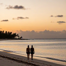 Caribbean Holidays, Cuba Wellness November, Peaceful Cuban beach at dusk with a couple walking beside calm water, warm light and a tranquil November holiday mood