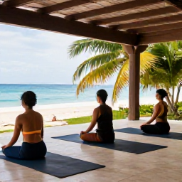Caribbean Holidays, Cuba Wellness Retreats, People practising gentle yoga on a shaded terrace overlooking a Cuban beach and tropical vegetation