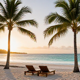 Caribbean Holidays, Cuba Wellness Retreats, Quiet Cuban beach at sunrise with a comfortable lounger, palm trees and calm turquoise water