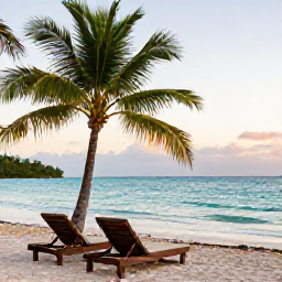 Caribbean Holidays, Cuba Wellness Retreats, Quiet Cuban beach at sunrise with a comfortable sun lounger, palm trees and calm turquoise water