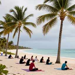Caribbean Holidays, Cuba Wellness Retreats, Yoga session on a quiet Cuban beach, with visitors exercising on mats beside palm trees and the sea