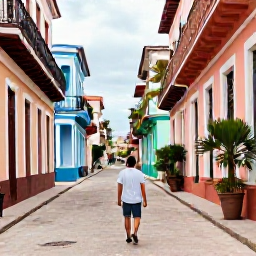 Caribbean Holidays, Cuba Wellness September, Cuban wellness traveller walking through a quiet colonial street in Havana with pastel buildings and tropical plants
