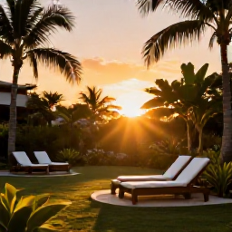 Caribbean Holidays, Cuba Wellness September, Peaceful Cuban resort garden at sunset with loungers, tropical foliage and warm golden light