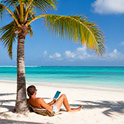 Caribbean Holidays, Cuba Wellness September, Traveller relaxing on a quiet white-sand Cuban beach with turquoise water, palm trees and a book