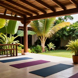 Caribbean Holidays, Cuba Wellness September, Wellness retreat in Cuba with yoga mats on a shaded terrace overlooking lush tropical gardens