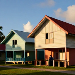 Caribbean Holidays, Cultural Villages, A colourful Caribbean cultural village with traditional wooden houses, local crafts and visitors exploring in warm afternoon sunshine
