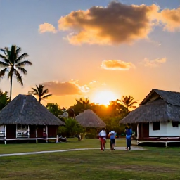 Caribbean Holidays, Cultural Villages, A peaceful Caribbean cultural village at sunset with traditional buildings, tropical greenery and visitors leaving after an informative day