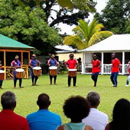 Caribbean Holidays, Cultural Villages, Caribbean cultural performance in a village square, with drummers, dancers and an engaged audience among tropical trees
