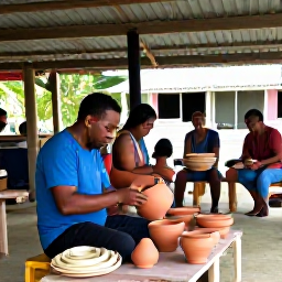 Caribbean Holidays, Cultural Villages, Friendly Caribbean craftsperson demonstrating pottery and weaving to visitors in an open-air village workshop