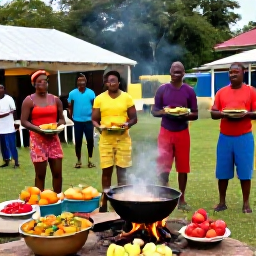 Caribbean Holidays, Cultural Villages, Visitors enjoying a Caribbean village food demonstration with colourful local dishes, fresh fruit and traditional cooking over a fire