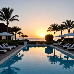 Caribbean Holidays, Cura&ccedil;ao Adults Only, An elegant adults-only resort in Cura&ccedil;ao at sunset, showing a stylish pool, tropical gardens, comfortable loungers and a peaceful Caribbean setting