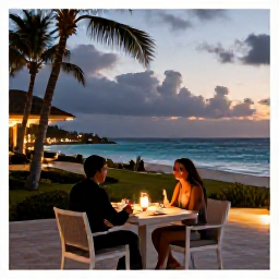 Caribbean Holidays, Cura&ccedil;ao Adults Only, Couple dining outdoors at an elegant adults-only Cura&ccedil;ao resort, tropical evening, soft lights and Caribbean sea view