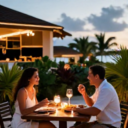 Caribbean Holidays, Cura&ccedil;ao Adults Only, Couple enjoying an outdoor dinner at an adults-only Cura&ccedil;ao resort, with local food, warm evening light, tropical plants and a relaxed Caribbean atmosphere