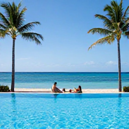 Caribbean Holidays, Cura&ccedil;ao Adults Only, Couple relaxing beside a quiet infinity pool at an adults-only resort in Cura&ccedil;ao, bright August sunshine, tropical palms and calm blue sea
