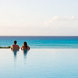 Caribbean Holidays, Cura&ccedil;ao Adults Only, Couple relaxing beside a quiet infinity pool overlooking the turquoise Caribbean Sea in Cura&ccedil;ao, warm afternoon light