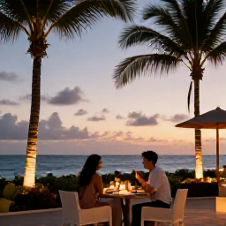 Caribbean Holidays, Cura&ccedil;ao Adults Only, Elegant adults-only resort restaurant in Cura&ccedil;ao at sunset, with a couple dining outdoors beside softly lit palm trees