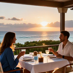Caribbean Holidays, Cura&ccedil;ao Adults Only July, Elegant adults-only resort restaurant in Cura&ccedil;ao serving dinner outdoors as the sun sets over the Caribbean Sea