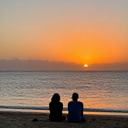 Caribbean Holidays, Cura&ccedil;ao Adults Only, Sunset over Cura&ccedil;ao coast with a couple sitting on a quiet beach, warm orange sky and calm Caribbean sea