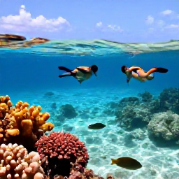 Caribbean Holidays, Cura&ccedil;ao Adults Only, Two people snorkelling in crystal-clear shallow water above colourful coral and tropical fish off the coast of Cura&ccedil;ao